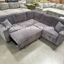 New! 90” Dark Grey Sectional Sofa Bed With Pull-out Sleeper Bed, Sofabed, Sectional Sofa Bed, Sectional With USB PORT And Cupholders, Sofa,Sectional 