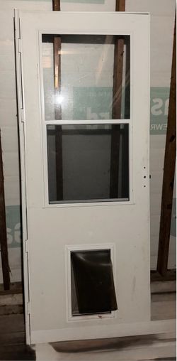 White Heavy Duty Storm Door With Built-In Large Pet Door w/Retractable Screen Window w/White Hardware - (Two Doors Are Available (Used; Great Conditio