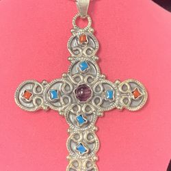 Large Cross Pendant Silver With Multi Stones Used Chain Sold Separately 