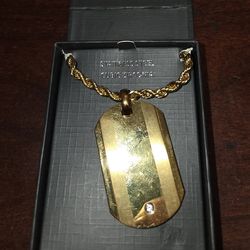 Mens Cubic Zirconia Gold-Tone Ion-Plated Stainless Steel Dog Tag Pendant Necklace