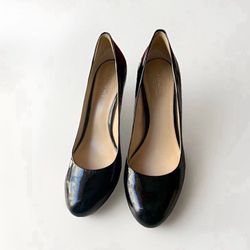 Size 8 B Coach Kay Black Patent Leather Slip On Stacked Heel Platform Pump 