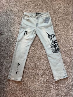 Rebel Vengeance Skull Graphic Slim Fit Jeans Light Wash Denim