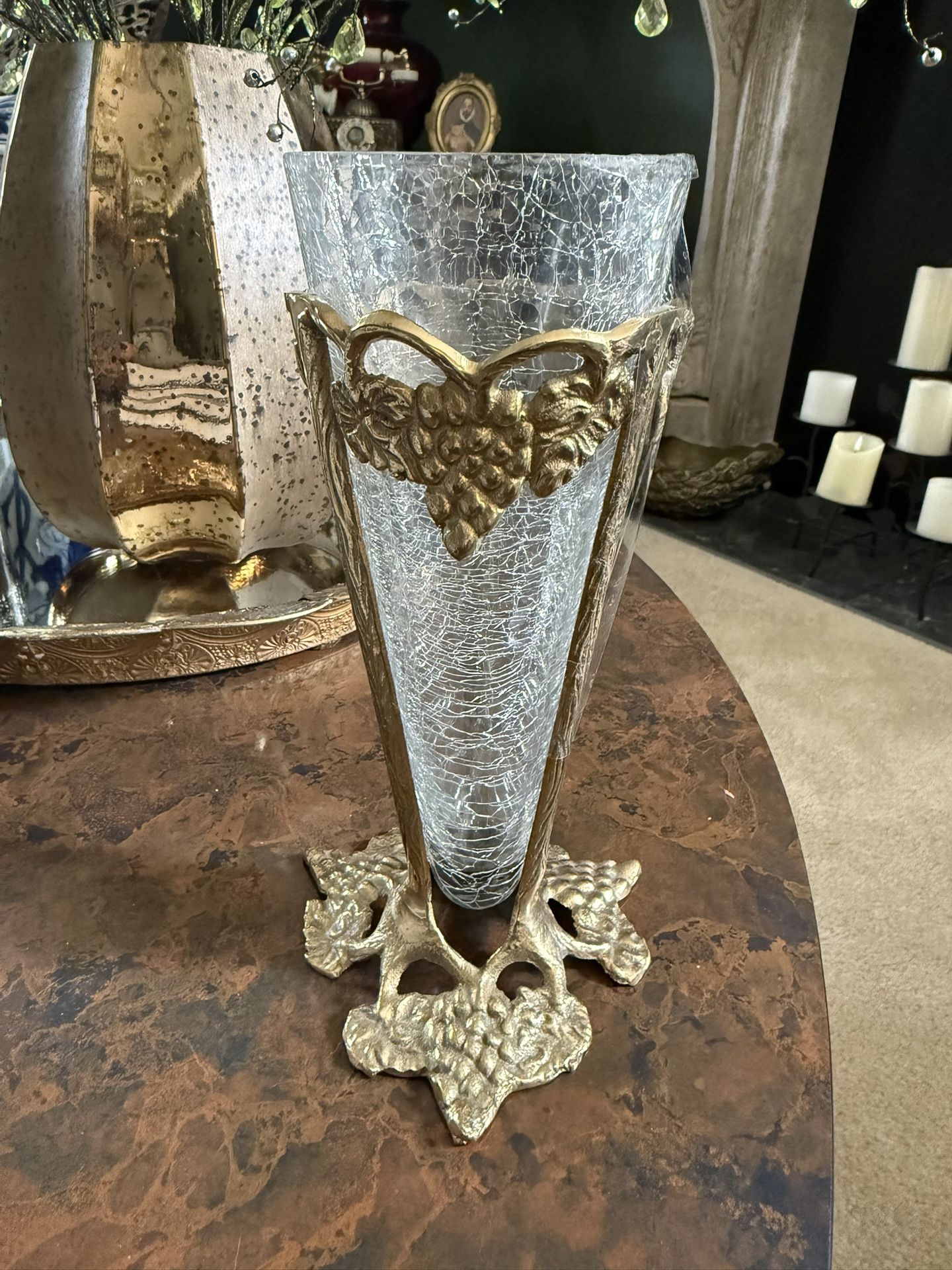 Vintage Brass and Crackle Glass Vase