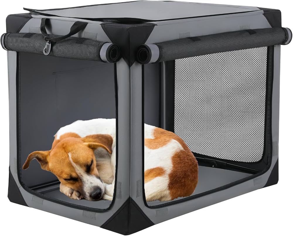 Portable Soft Dog Crate, Collapsible Travel Dog Crates for Medium/Large Dogs, Foldable 4-Door Dog Kennel w/Mesh Windows, Soft Mat, Carrying Bag, Indoo
