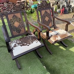 Ornate Carved Wood Cowhide Chairs