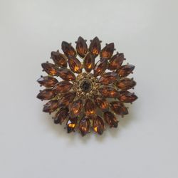 Vintage Brooch Pin Orange Crystal Rhinestone Starburst Medallion 1.5" 