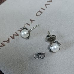 David Yurman 6mm Diamond & Sterling Silver Pearl Earrings