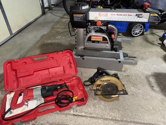 Woodworking tools: Milwaukee sawzall, Skillsaw circular saw, Craftsman radial arm saw w laser
