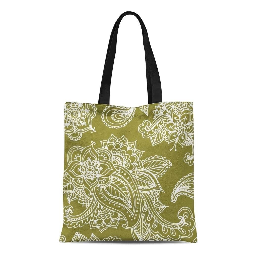 Canvas Tote Bag Boho Green Bohemian Paisley Henna Mehndi Floral Elegant Reusable Handbag Shoulder Grocery Shopping Bags