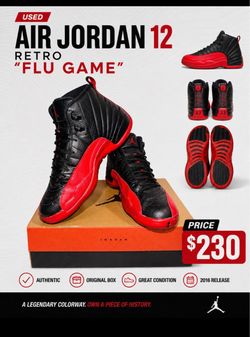 Air Jordan 12 Retro “Flu Game” – 2016 – Black/Varsity Red – Size 13 – Pre-Owned