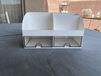 White Plastic Caddy 2 Drawers 6 Slots Makeup Vanity Desk Organizer