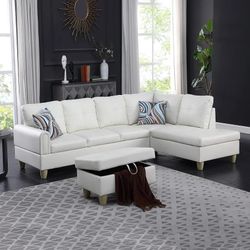 White Faux Leather Sofa Set With Ottoman