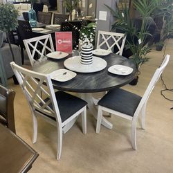 White & Dark Walnut Round Table Dining Set / 5pc
