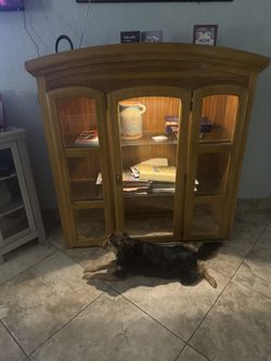 : 3 glass shelf unit wood cabinet