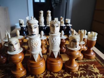 Chess Set, Tarascan Pulpit Hand Carved Wood & Bone