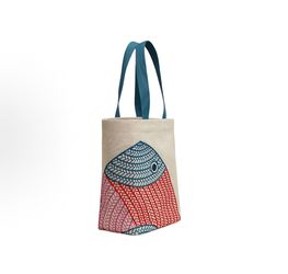 HERMES Poisson Natte Handmade Embroidery H Canvas Cotton Canvas Bag Beach Bag Handbag Women's Blue/Red(247)82