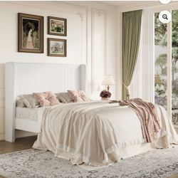 Amolife Queen Size Platform Bed Frame with Velvet Upholstered Wingback Headboard, Off-White