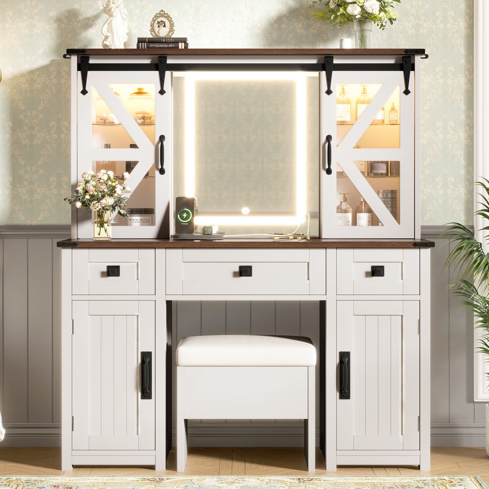 Homy Casa Briarhill 43" Farmhouse Vanity Desk with Lighted Mirror and Storage Stool