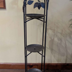 32in Vintage metal candle stand with three shelves and an ivy and vine design.