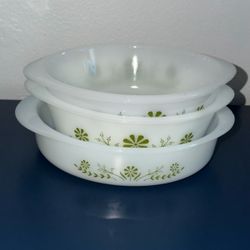 Vintage Glasbake Green Daisy Milk Glass Baking Dish Set of 3 – Round Casseroles & Pie Dish, Retro 1970s Kitchen