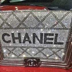 Chanel Rhinestone Boy Flap Bag Silver Metallic Leather Crystal Logo Made in France