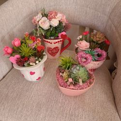  Silk Floral Arrangements..succulent Themed, One Lighted, In Glass Ceramic Bases