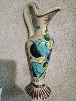 Tonala Vintage Hand Painted Tall Pitcher Vase with Handle 12" H NICE!