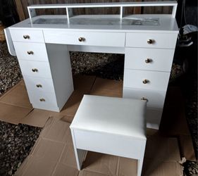 New Beautiful Vanity/Desk with 11 Drawers,  Charger, Folding Table and Storage Stool.