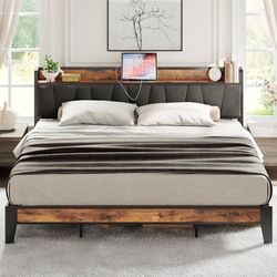 King Size Bed Frame with Storage Headboard and Charging Station Vintage Brown an