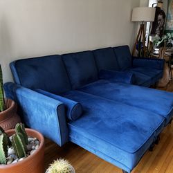 Royal Blue Small Space Sectional Futon - optional second chaise - sleeper couch - sofa with chaise
