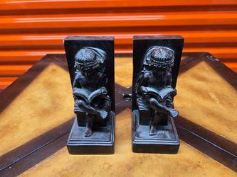 Vintage Bronze Figural Child Reading Bookends Pair