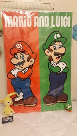 Mario poster with a plush and toy