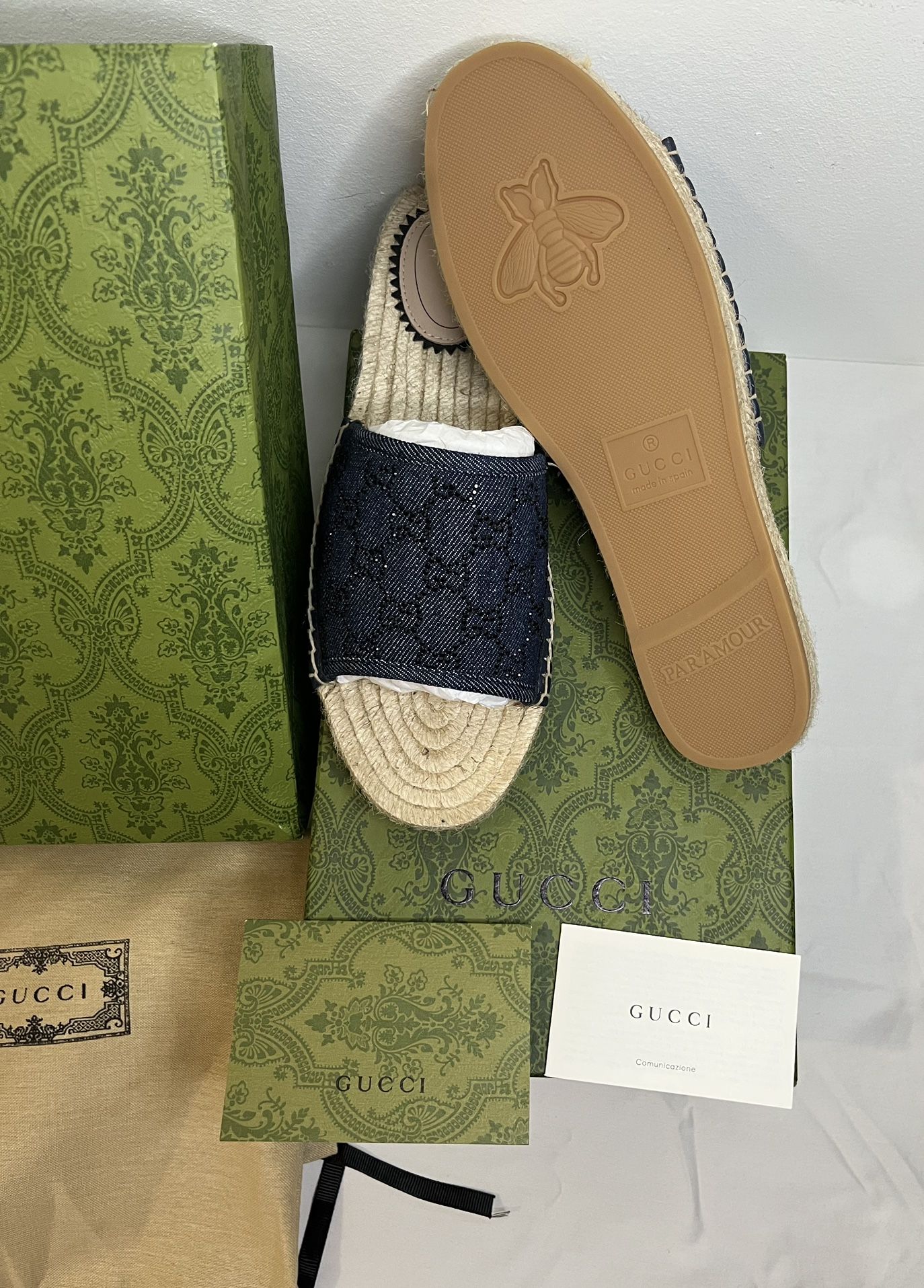 π₯ Authentic Gucci Pilar GG Denim Crystal Espadrille Sandals β Brand New π₯