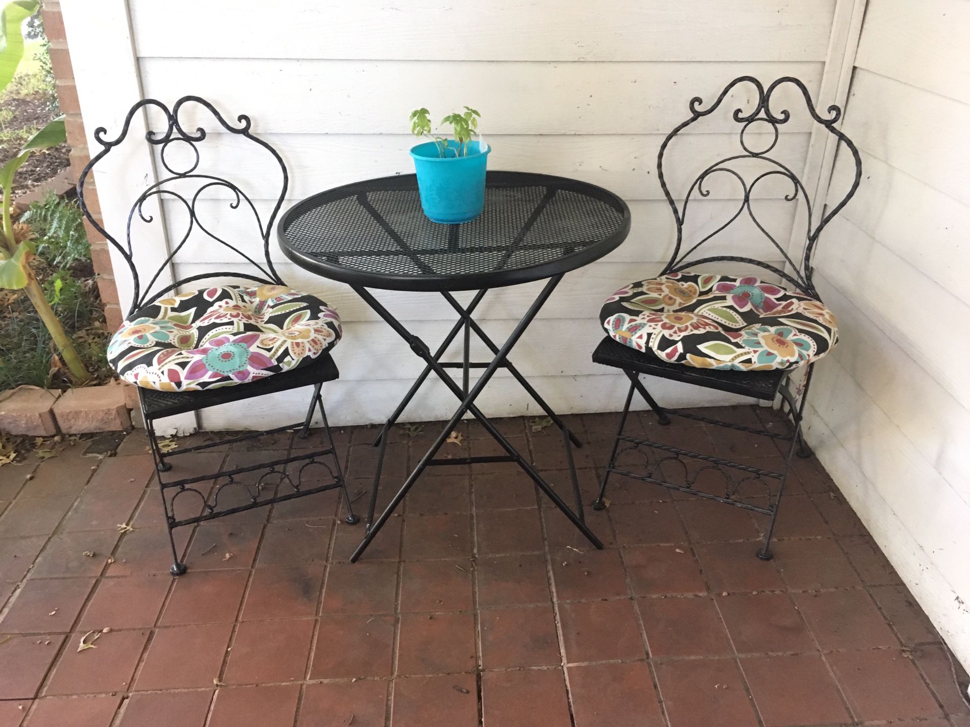 Small Black Metal Folding Bistro Set - Table & 2 Chairs (cushions Not included)