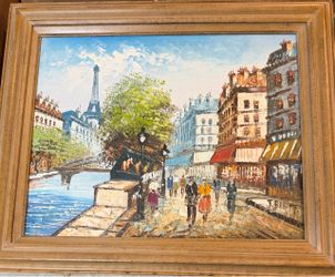 Vintage J. Bardot Original Oil Painting Paris Street Scene Mid Century, Framed Parisian Impressionist Flower Market Impasto Canvas Wall