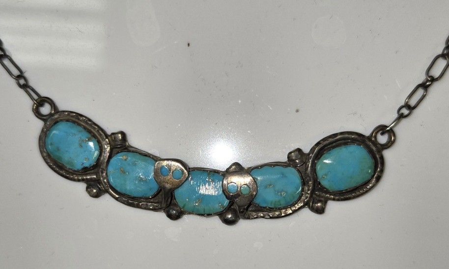 Zuni Sterling Silver Turquoise Snake Necklace