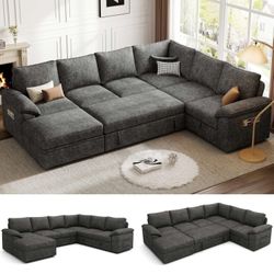 108 Inch Sectional Sleeper Sofa with Pull Out Bed, U Shaped 7 Seat Modular Sectional Sofa with Storage, Sectional Couches for Living Room, Cloud Modul