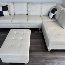 White Leather Sectional Couch And Ottoman 