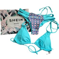 Shein Pattern Bikini Blue Green Pink Black And Purple 