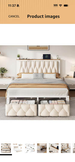 Full white bed frame with drawers & charger port