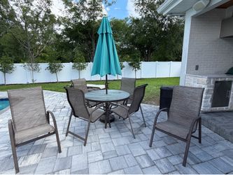 6-Person Patio Dining Set + Sunbrella Umbrella + 2 Loungers