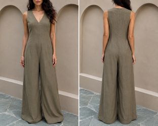 NWT Tahari Olive Linen Blend Wide-Leg Jumpsuit Size 4