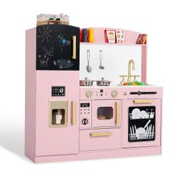 NEW Wooden Play Kitchen Set for Kids with Ice Maker, Sink, Microwave, Dishwasher & Accessories –PINK