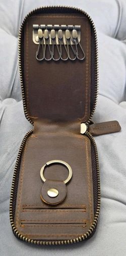 Jack & Chris Brown Leather Keychain Zip Around Multiple Hooks Pockets Card Slots