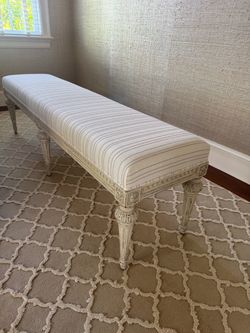 French Style Upholstered Bench with Carved Wood Legs