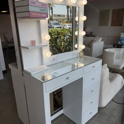 White Glass-Top Vanity Desk with LED Mirror, 6 Drawers, USB + Shelves – Vanity Room Sale
