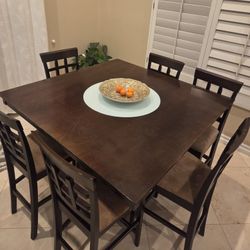 7 Piece Wood Dining Table Espresso  With Lazy Susan In A Light Blue Tone 