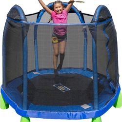 Sportspower Outdoor My First Kids Trampoline with Safety Enclosure Net and Foam Pad, 7FT Round - Blu