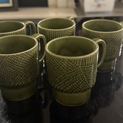 Vintage Japan Green Stackable Ceramic Coffee Mug MCM 1970s Lot Of 6