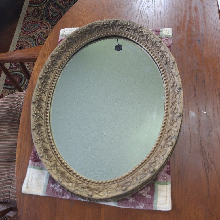 VINTAGE GOLD TONE OVAL FRAME WALL PICTURE MIRROR/MIRRORED TRAY - Hollywood Regency Style